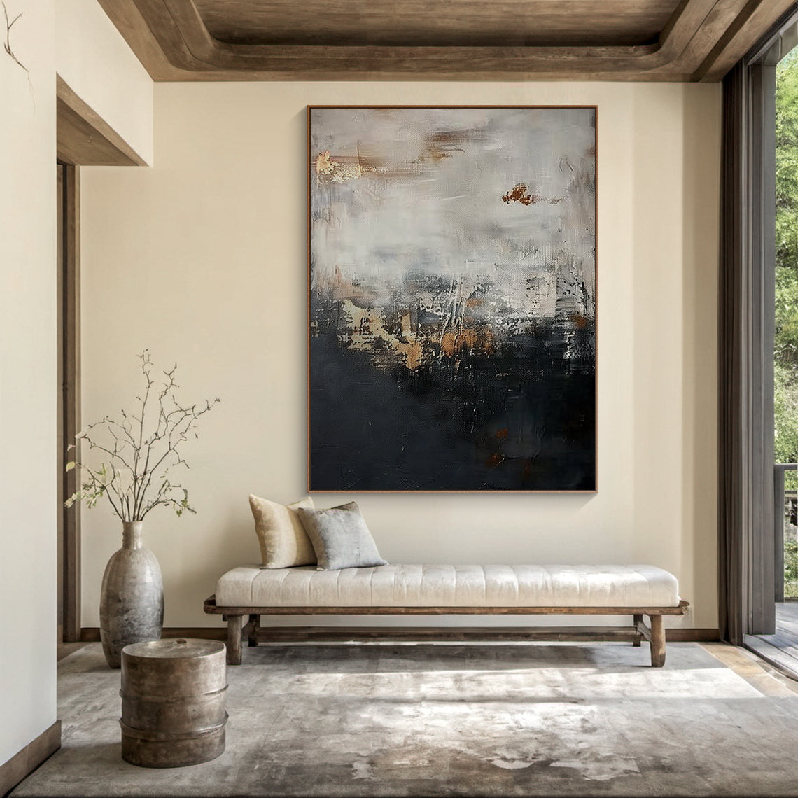 Modern Abstract Wall Art Beige Black Gold Living Room Home Decor Canvas Painting AURA196