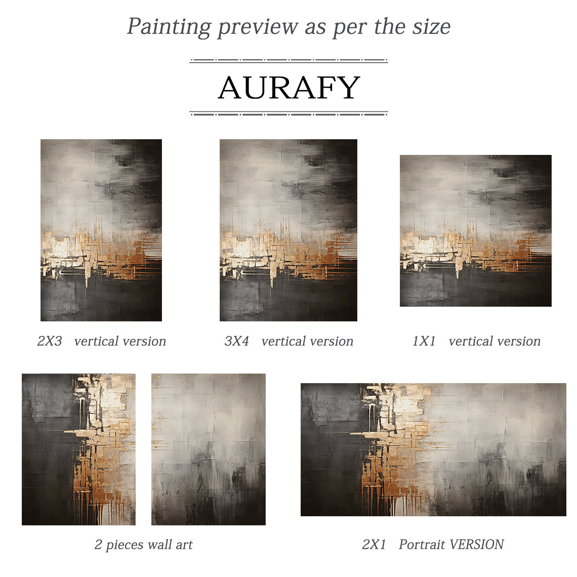 Metallic Drip Abstract Painting – Charcoal, Silver & Gold Tones – AURA030(Horizontal)