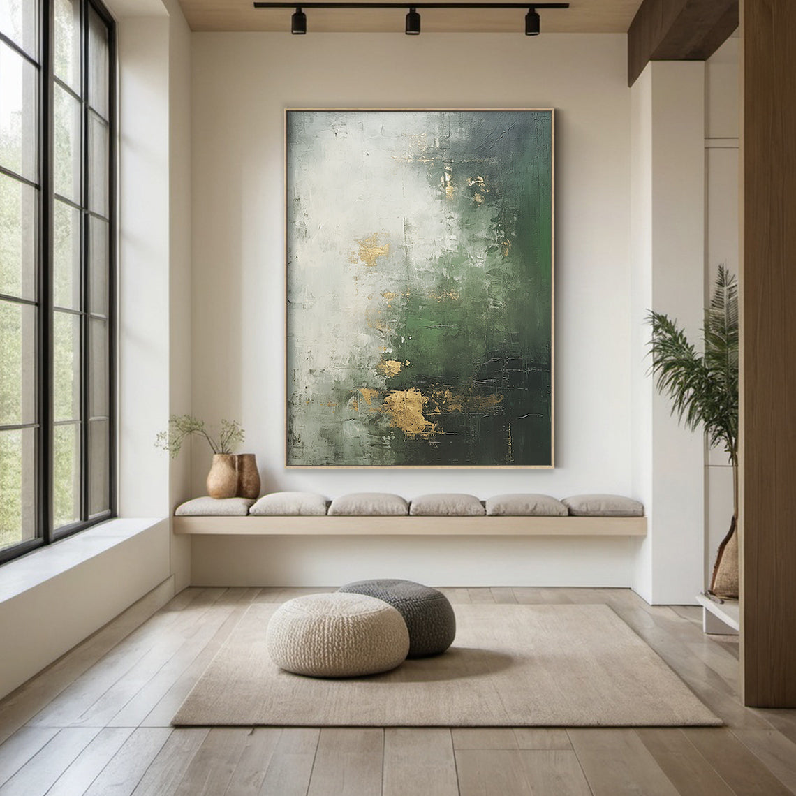 Verdant Haze Canvas a Forest Green & Mist Gold Textured Wall Art-AURA078