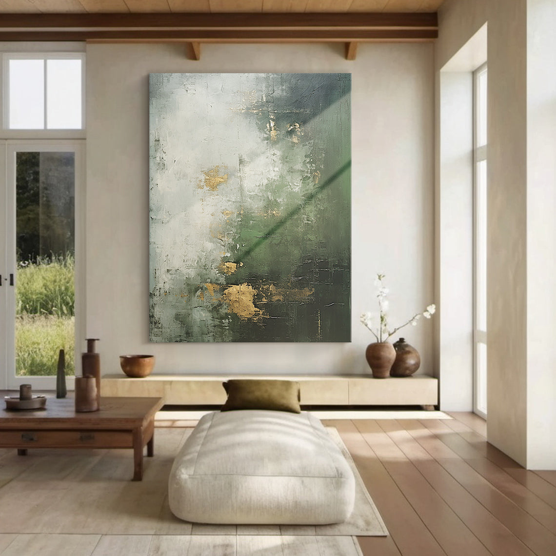 Verdant Haze Canvas — Forest Green & Mist Gold Textured Wall Art – AURA078