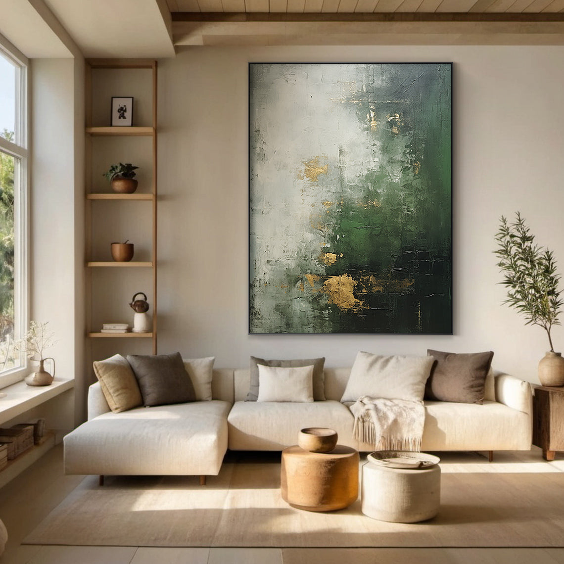 Verdant Haze Canvas — Forest Green & Mist Gold Textured Wall Art – AURA078