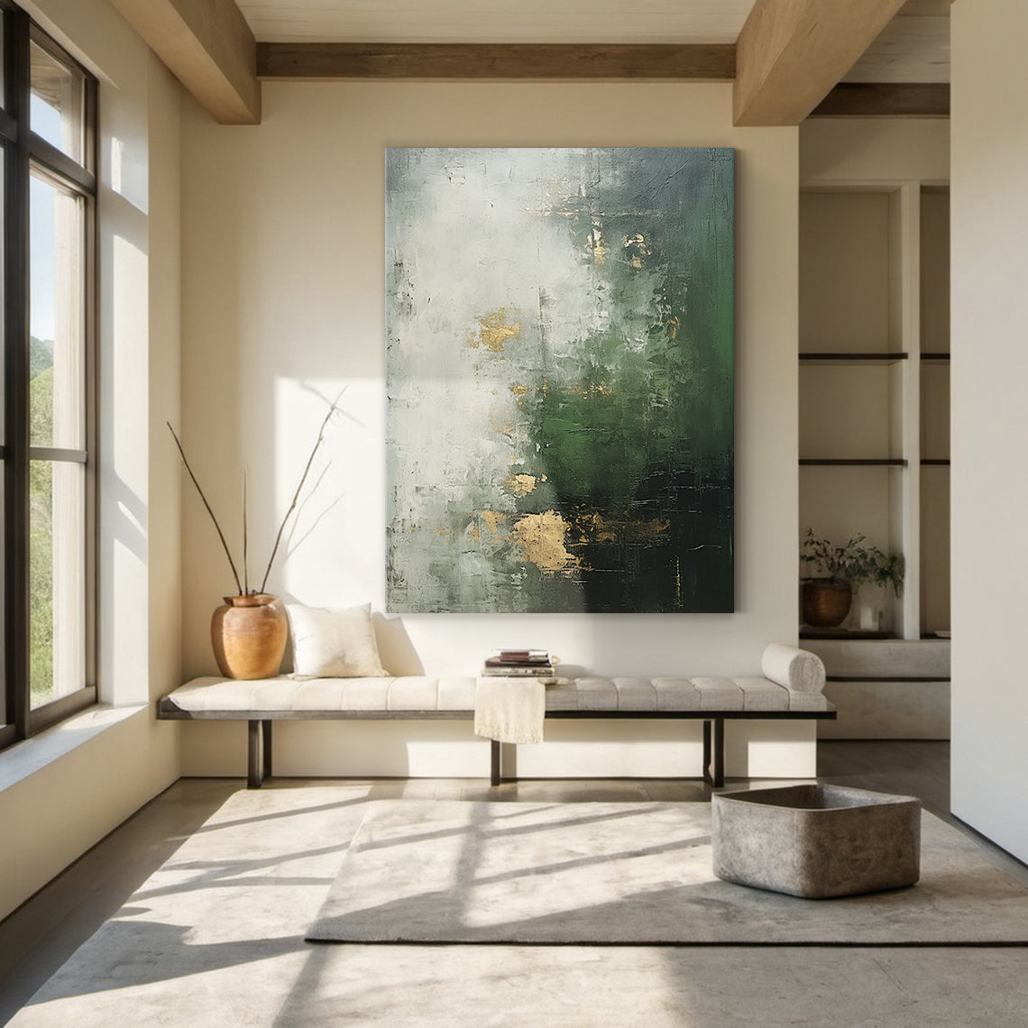 Verdant Haze Canvas — Forest Green & Mist Gold Textured Wall Art – AURA078