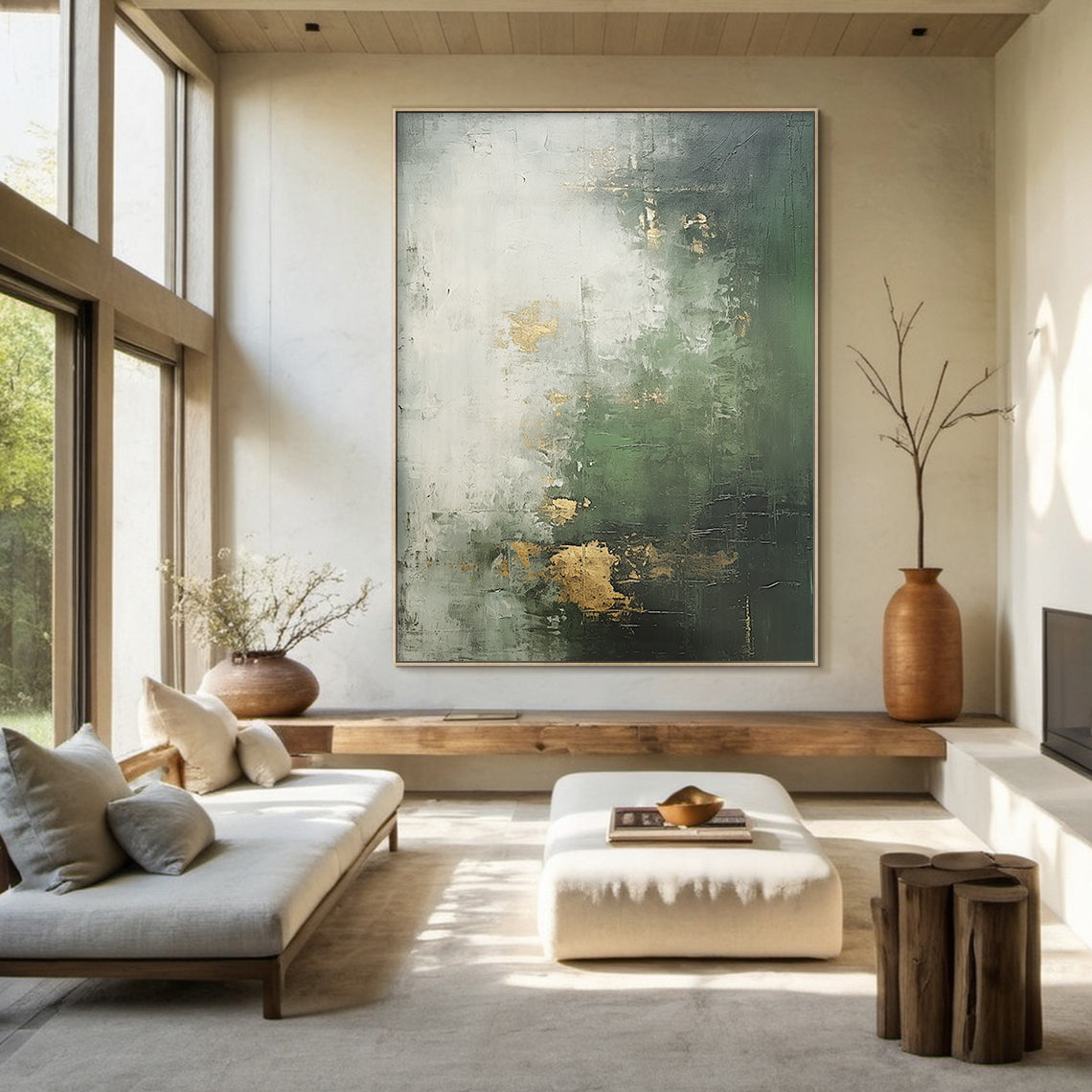 Verdant Haze Canvas — Forest Green & Mist Gold Textured Wall Art – AURA078