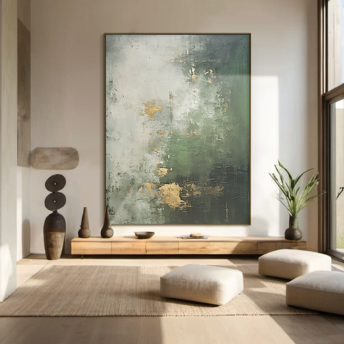 Verdant Haze Canvas — Forest Green & Mist Gold Textured Wall Art – AURA078
