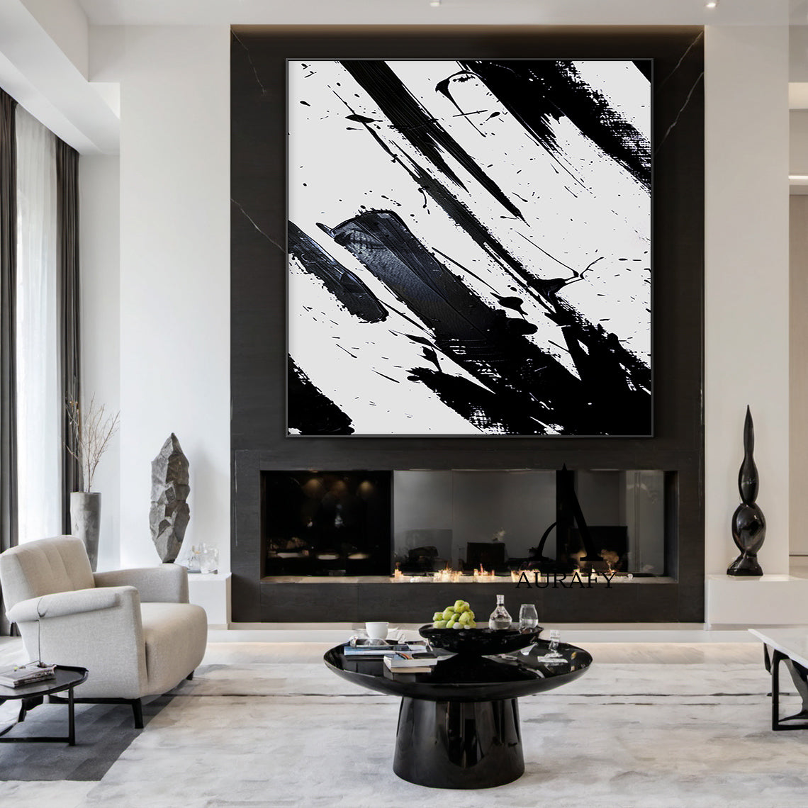 Minimalist Wall Art Black White Abstract Brushstroke Ink Splatter Dynamic Tactile Art AURA551