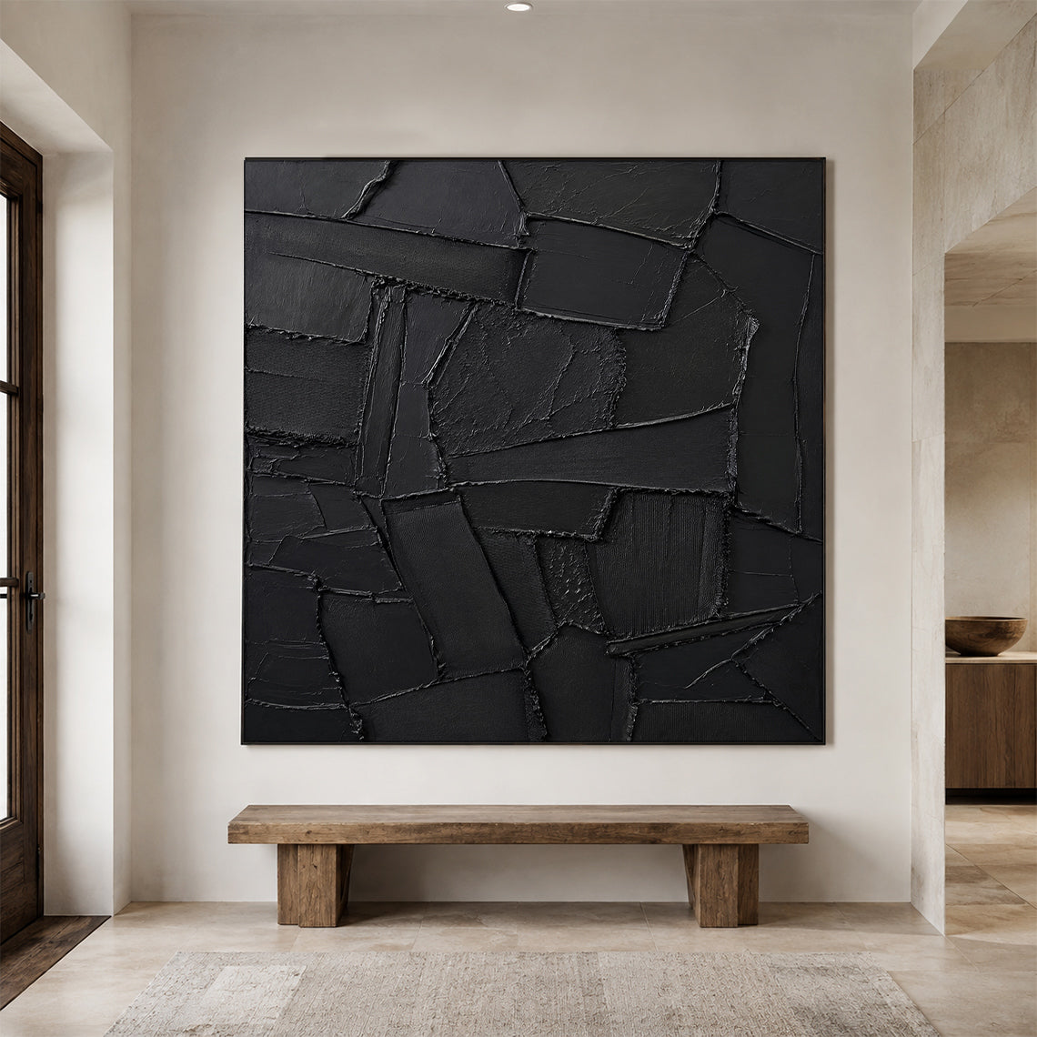 Black 3D Textured Abstract Painting High-Relief Plaster Knife Stroke Minimalist Japandi Wabi Sabi Wall Decor AURA770