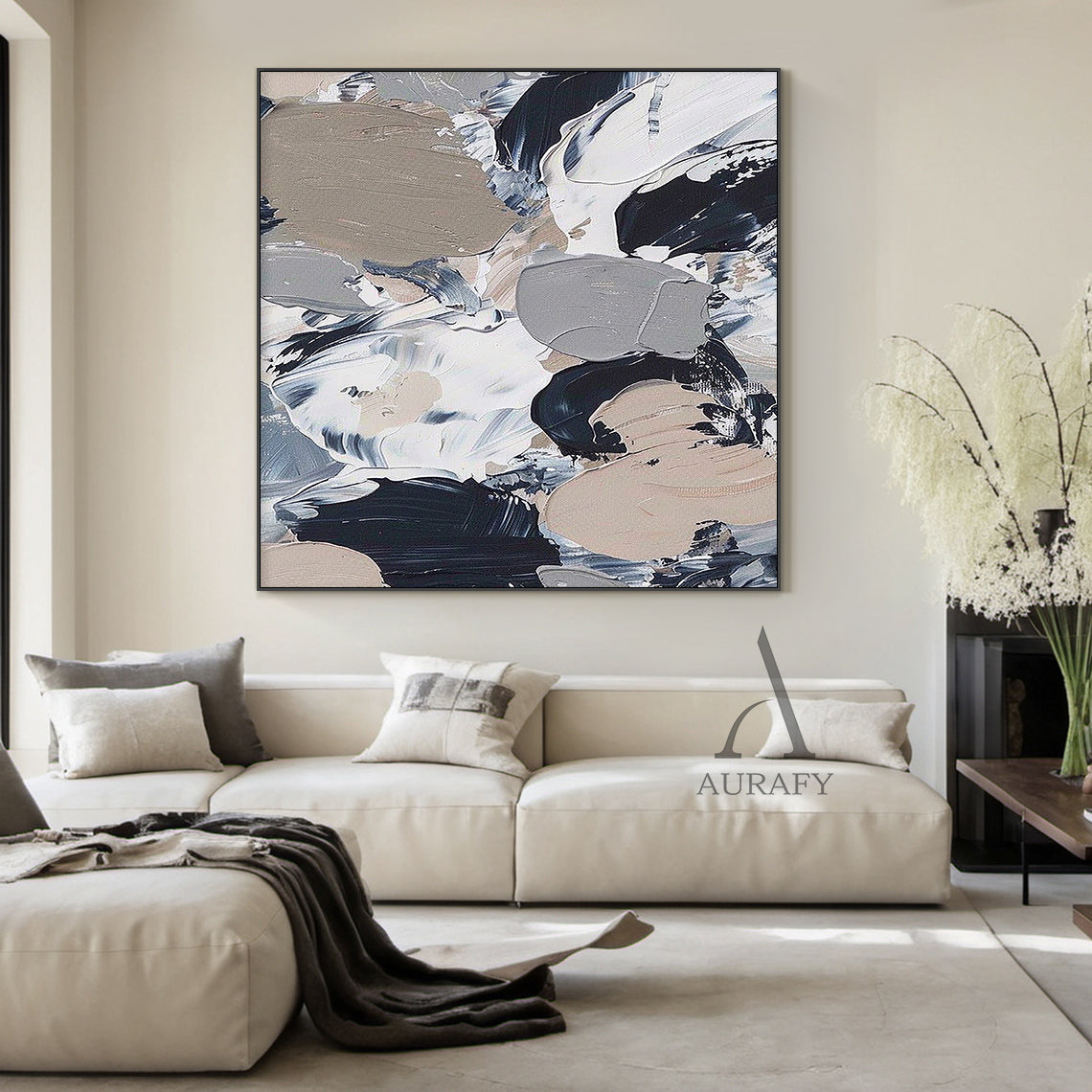 General Abstract Wall Art with Tactile Impasto Texture White Black Beige Modern Organic Design AURA478