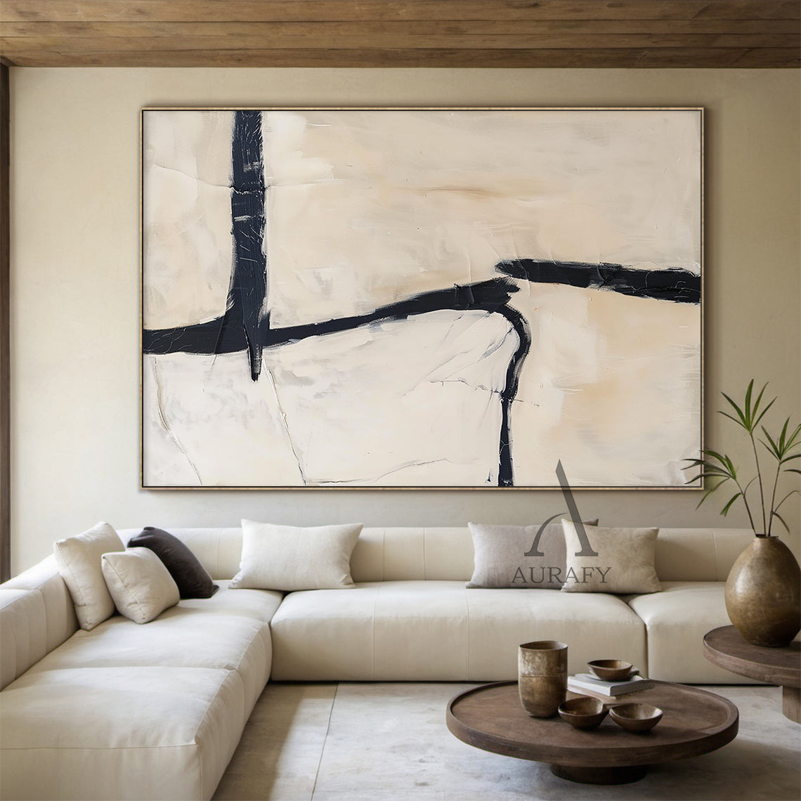 General Abstract Black Beige Tactile Canvas Art with Impasto Brush Strokes Minimalist Luxe AURA506