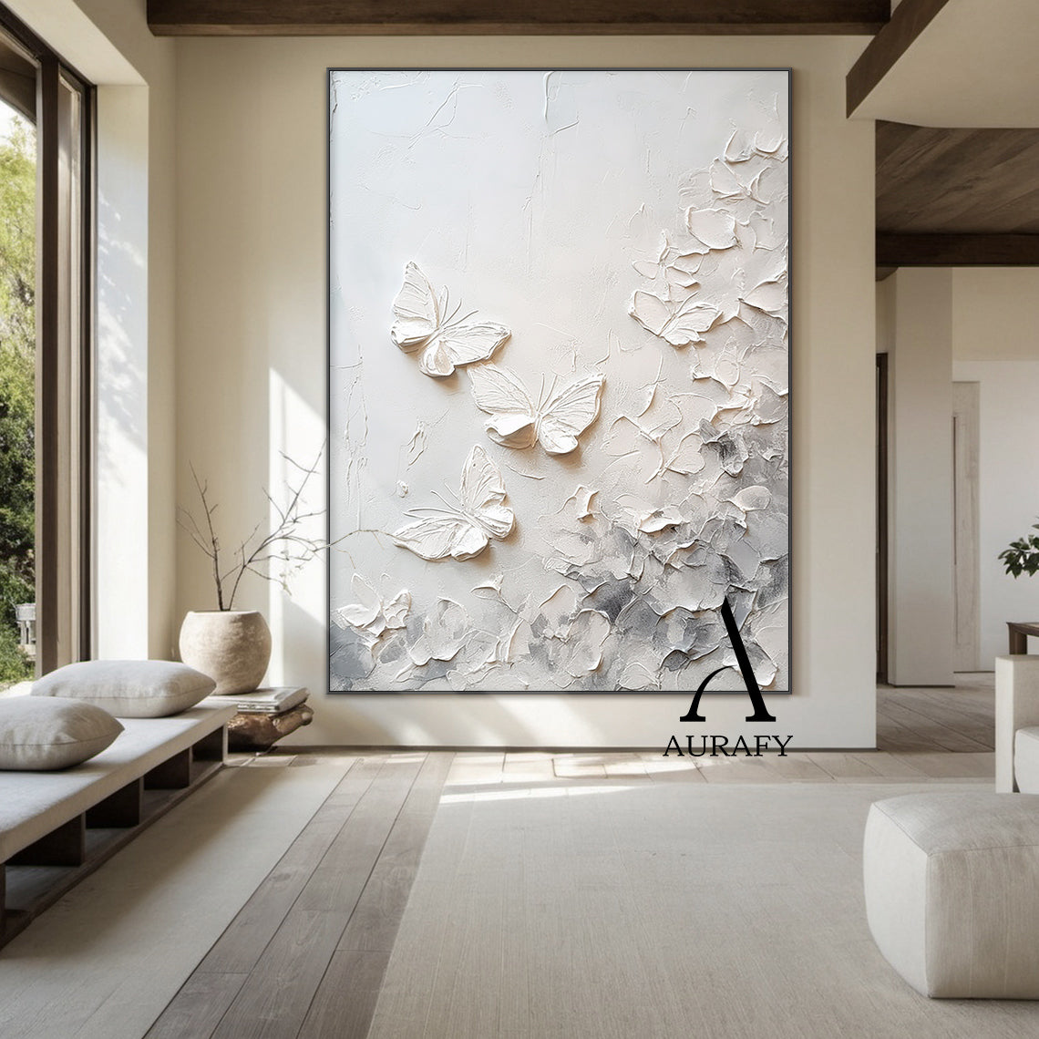 3D Textured Beige Butterfly Painting High-Relief Tactile Surface Modern Organic Minimalist Luxe Art AURA532