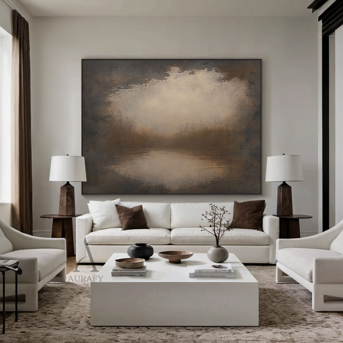 Marsh at First Light, Brown Misty Landscape Wall Art AURA876