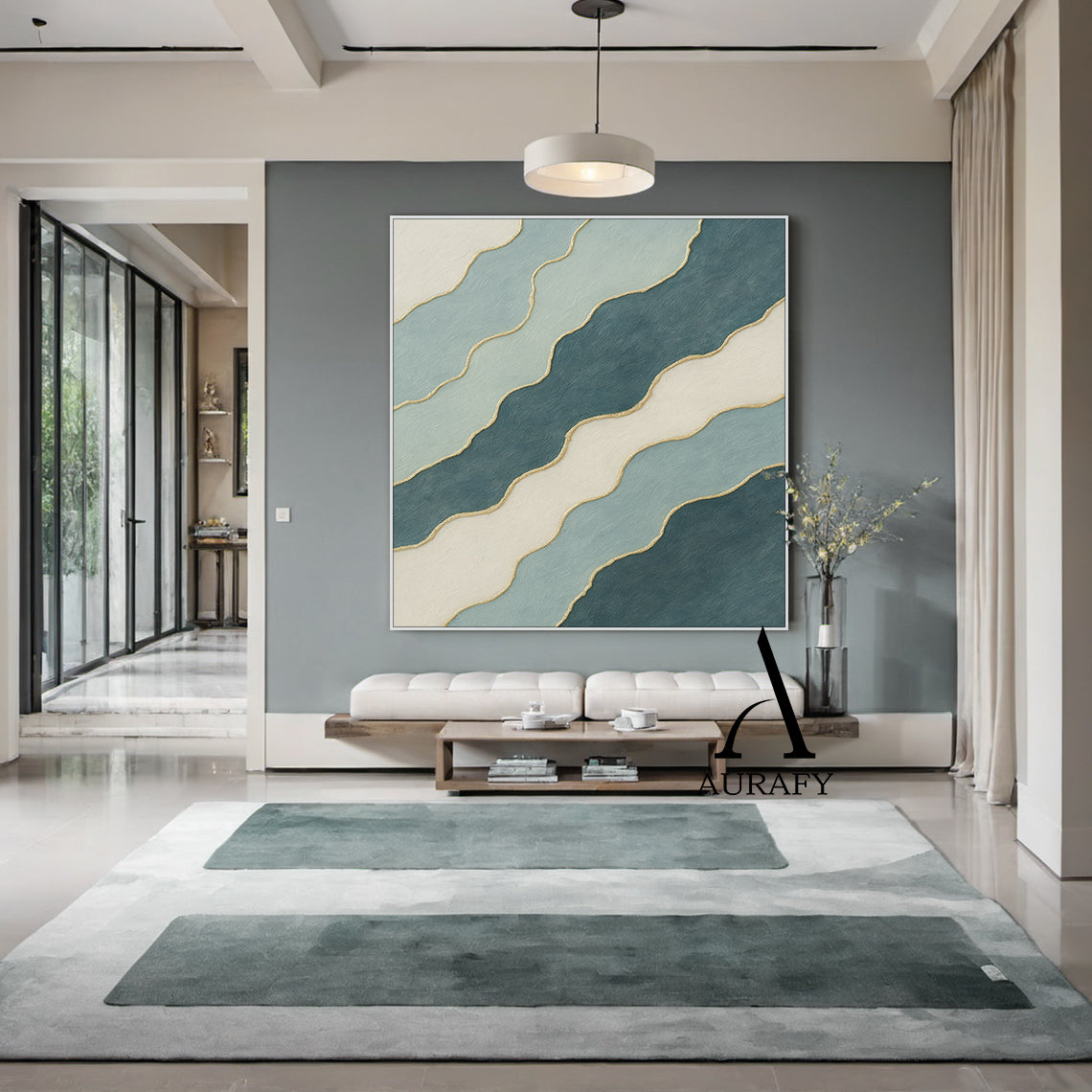 3D Textured Abstract Painting Blue White Green Gold Accent Tactile Minimalist Luxe AurafyArt AURA520