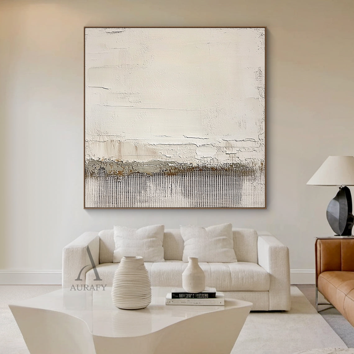Beige Abstract Artwork Modern Organic Japandi Impasto Crackle Tactile Grid Texture Design AURA451
