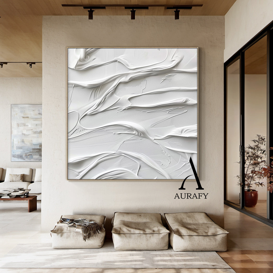 3D Textured White Abstract Painting with Knife Strokes High-Relief Tactile Surface Minimalist Luxe AURA522