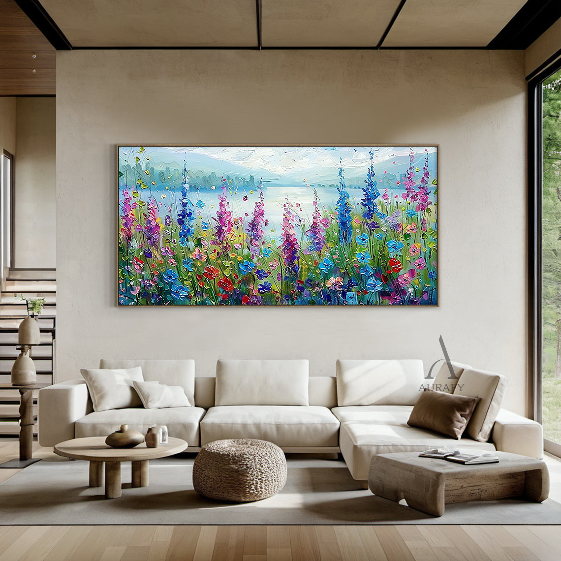 Colorful Landscape Art Impasto Knife Strokes Scenic Wildflower Lake Vibrant Impressionist Painting AURA414