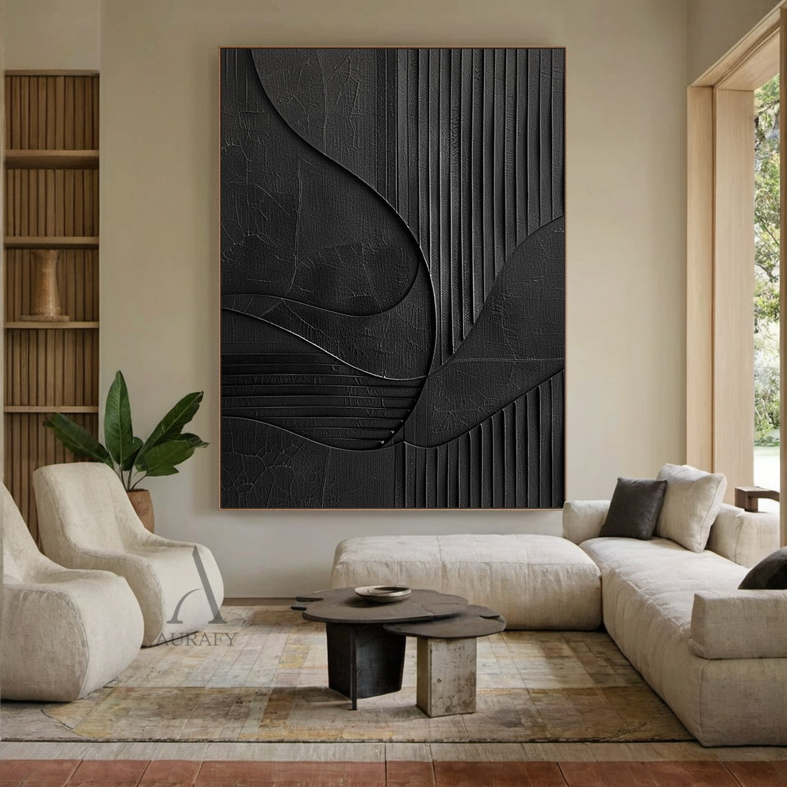 Minimalist Black Wall Art Crackled Texture Vertical Striped Tactile Sculpted Abstract Modern Organic AURA425