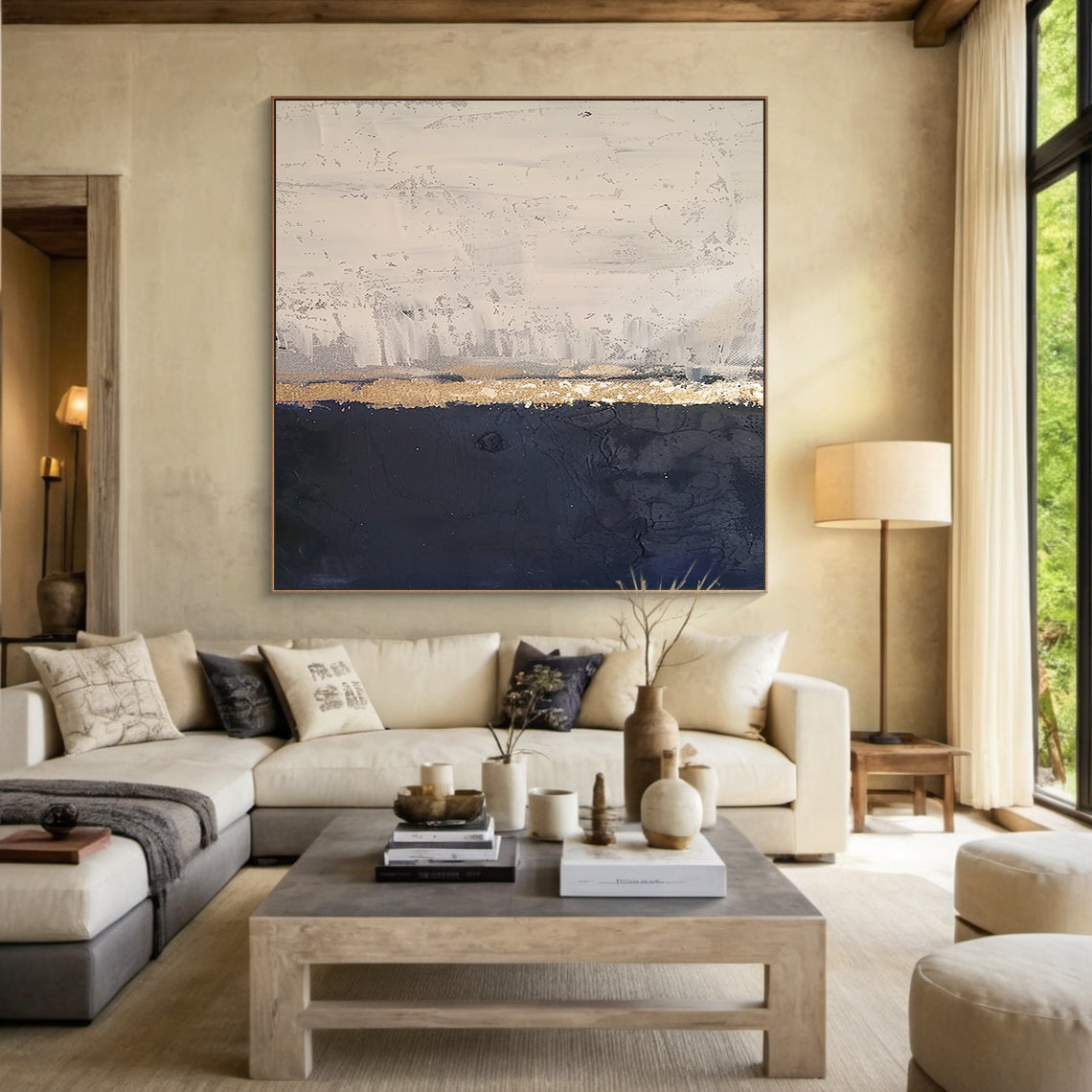 Silent Horizon-Black & Beige Abstract Field-AURA146