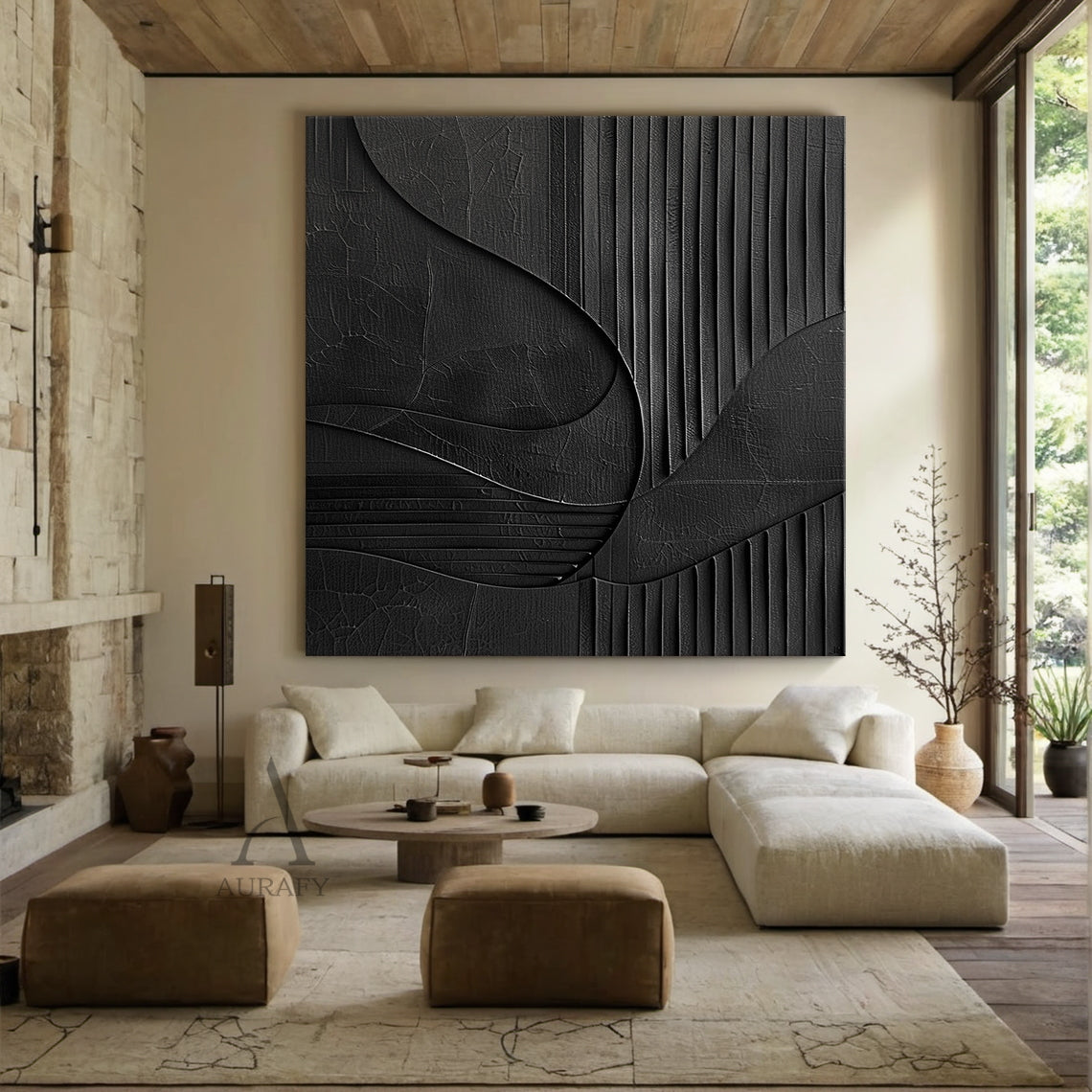 Minimalist Black Wall Art Crackled Texture Vertical Striped Tactile Sculpted Abstract Modern Organic AURA425