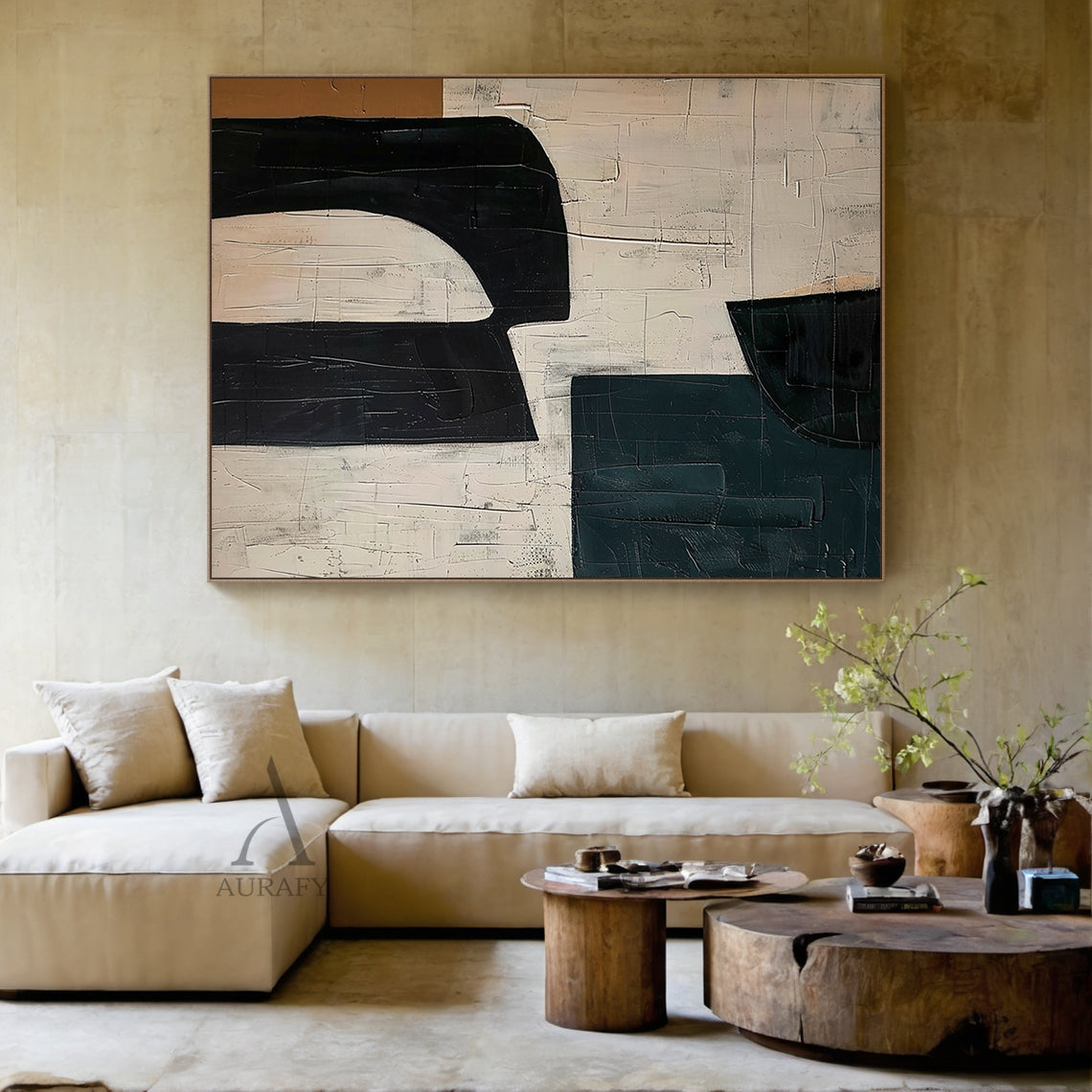 Black Curved Forms on Beige Abstract Wall Art with Deep Teal - AURA840