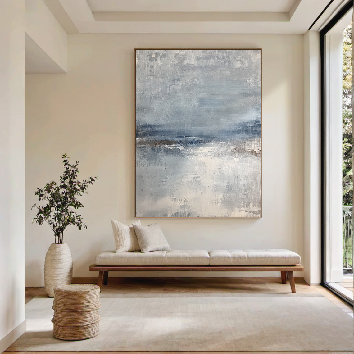 Abstract Seascape Texture Painting – Misty Blue & Taupe Canvas – AURA034(Horizontal)