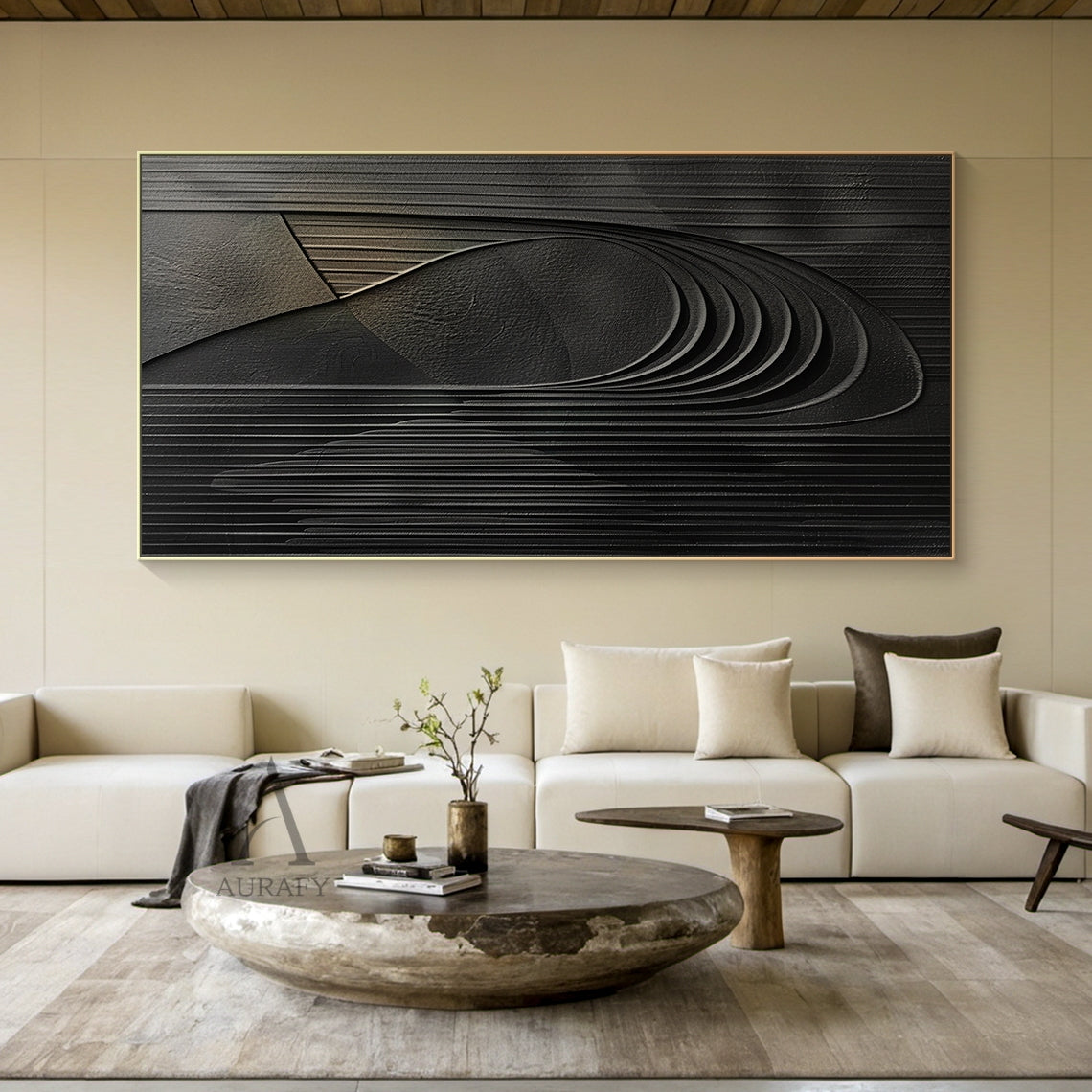 Minimalist Black Wall Art Sculpted High-Relief Tactile Surface Layered Curves Vertical Stripes AURA429
