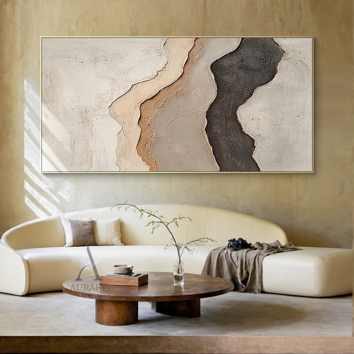 Beige Abstract Landscape Layered Plaster Textured High-Relief Tactile Minimalist Modern Organic Artwork AURA438