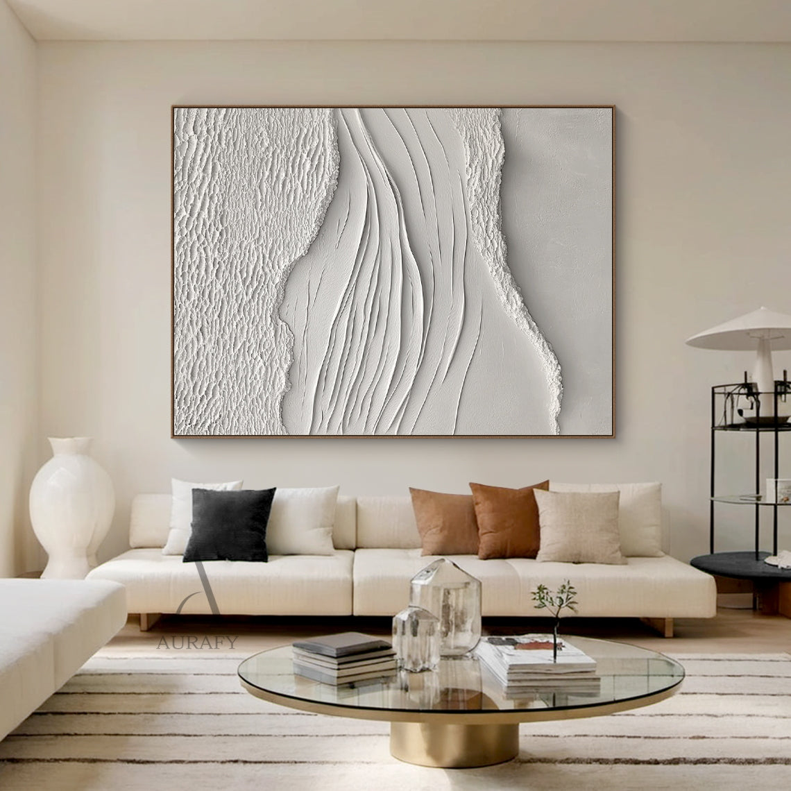 White Sea Textured Artwork High-Relief Plaster Tactile Surface Sculpted Lines Modern Organic AURA443