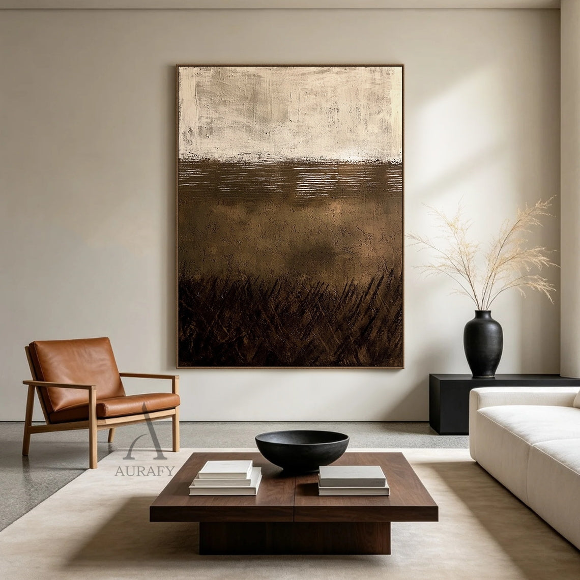 Dusk Horizon, Brown Beige Wabi Sabi Textured Painting AURA869