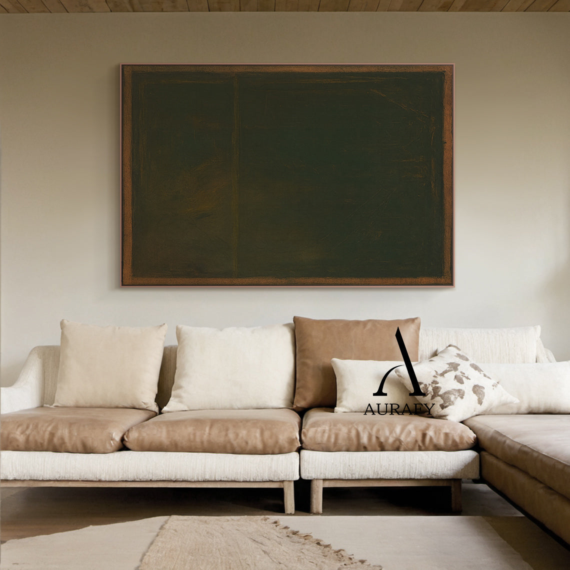 Wabi Sabi Brown Green Textured Art with Rough Handcrafted Border Tactile Brushstrokes AURA567