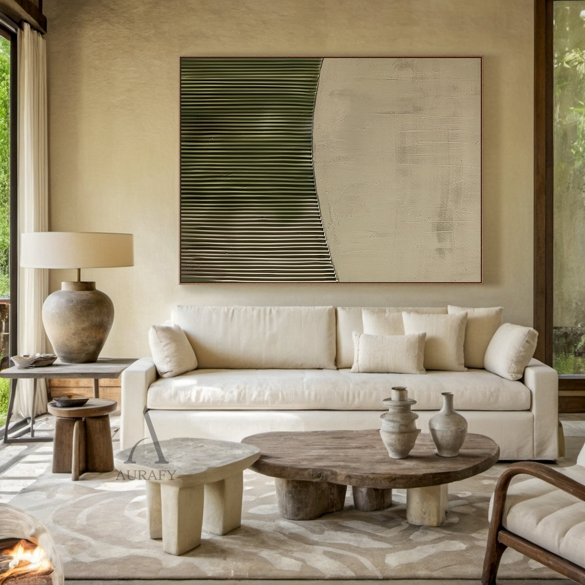 3D Textured Painting Beige Green Tactile Surface High-Relief Sculpted Vertical Stripes Modern Organic AURA465