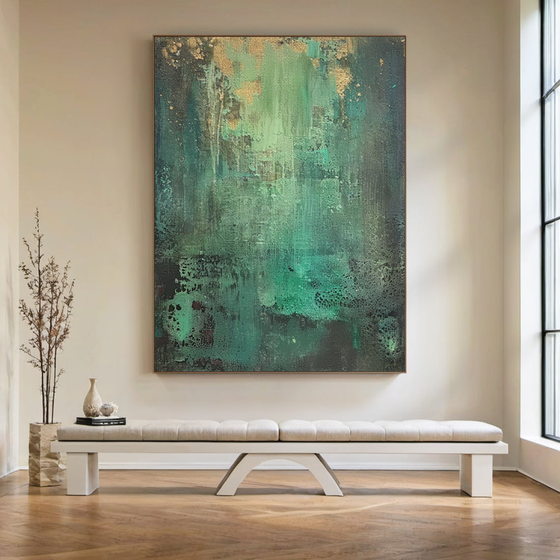 Textural Abstract Wall Art – Emerald Green & Gold Patina – AURA038(Vertical)