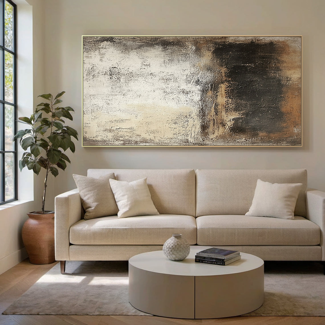 Wabi Sabi Abstract Art Beige Black Distressed Tactile Plaster-like Organic Wall Decor AURA591