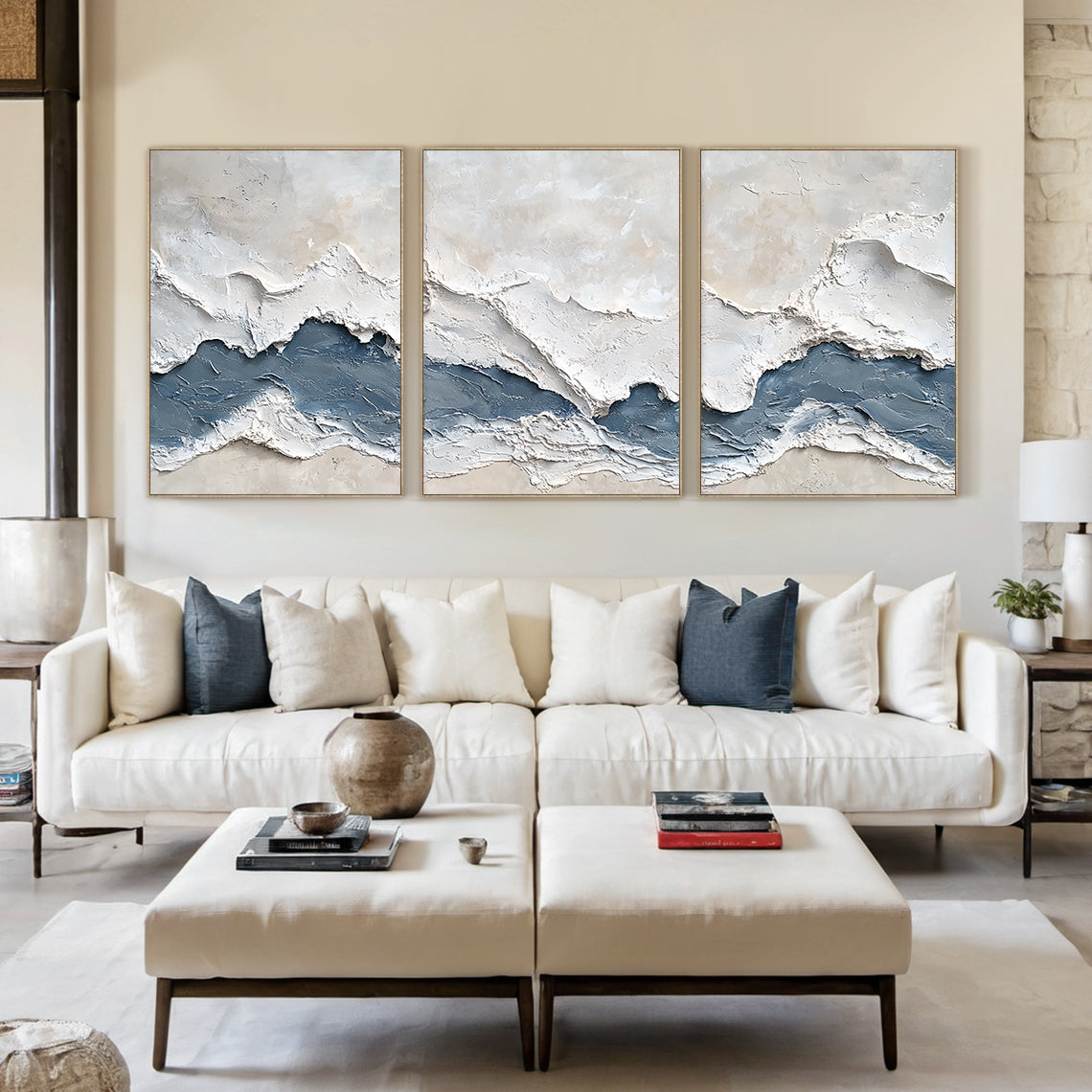 Modern 3D Textured Blue Abstract 3-Piece Living Room Wall Art AURA165