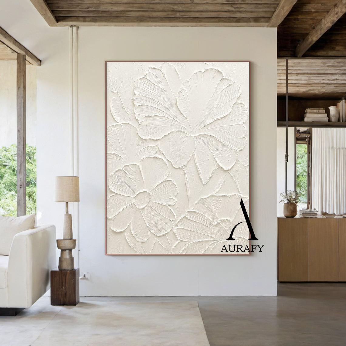 3D Textured Beige Flower Painting High-Relief Plaster Tactile Modern Organic Wabi-Sabi Art AURA510