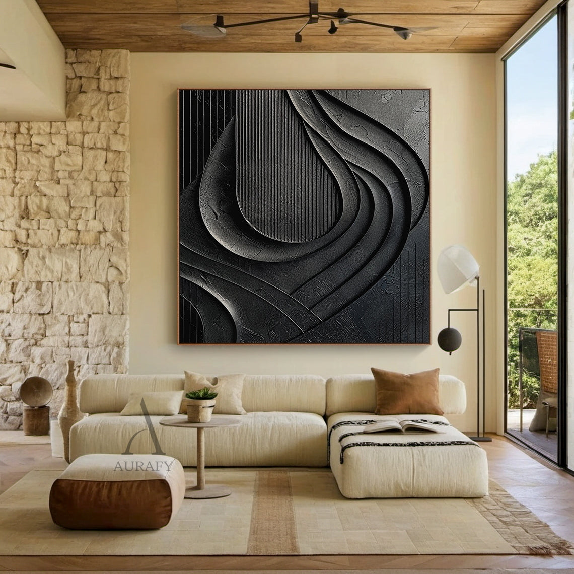 Minimalist Black Wall Art Sculpted High-Relief Tactile Matte Ribbed Modern Organic Design AURA424