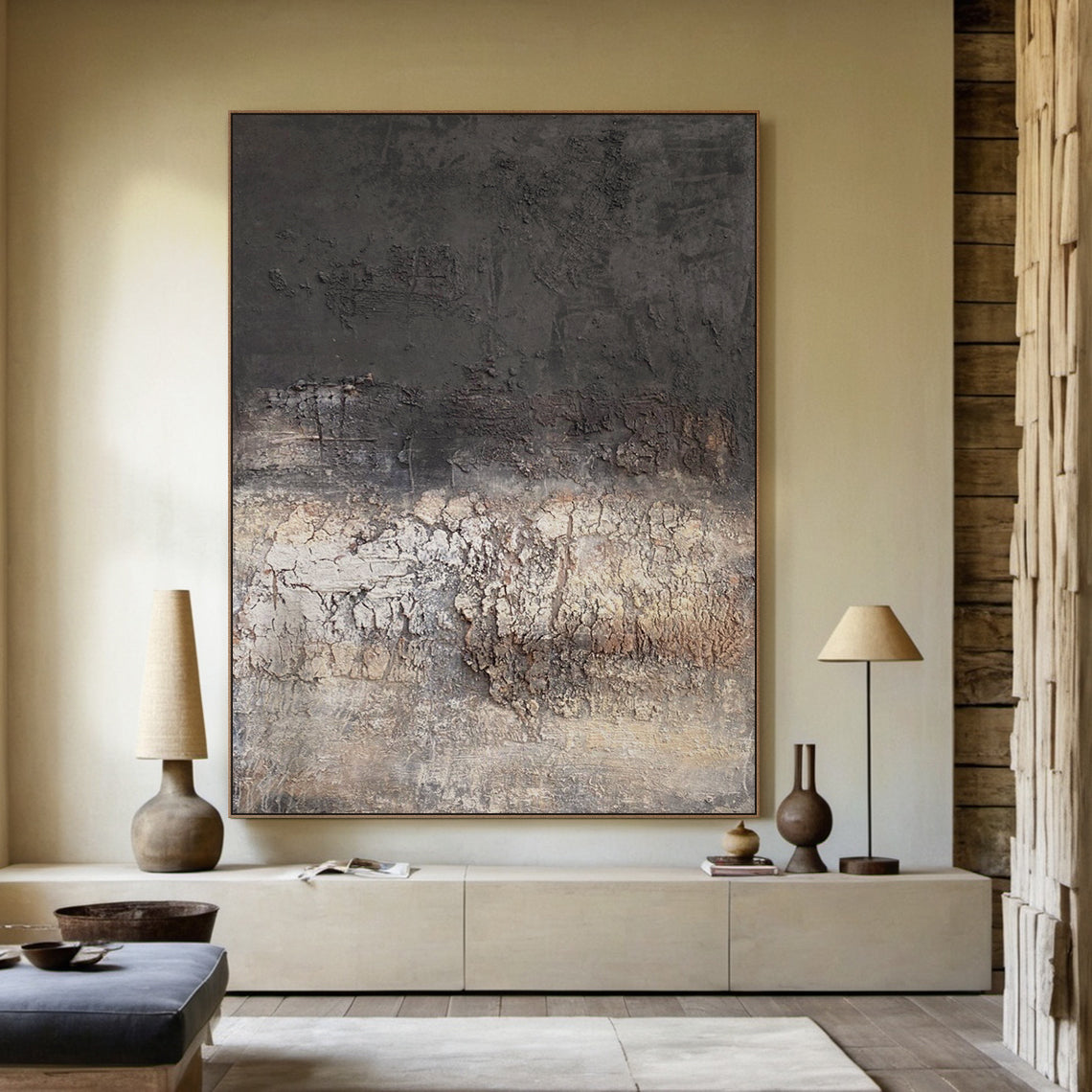 Eroded Calm — Charcoal Beige Textured Wall Art – AURA071
