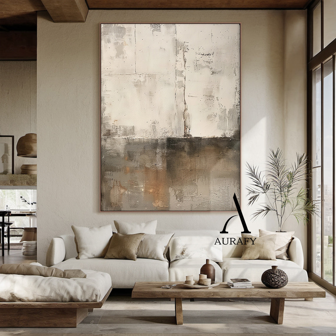 Wabi Sabi Abstract Art Handcrafted Plaster Textured Mottled Gray Beige Wall Decor AURA562