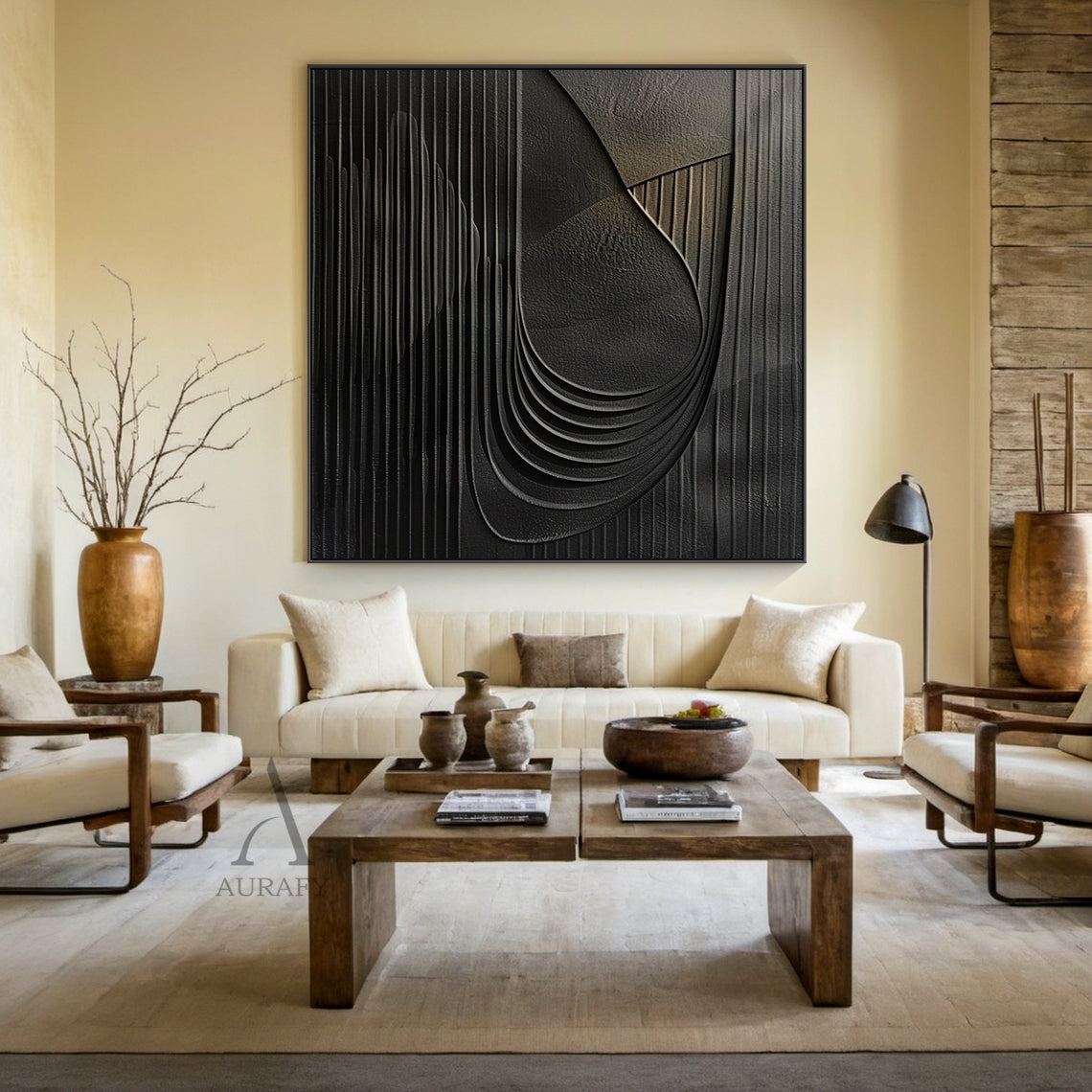 Minimalist Black Wall Art Sculpted High-Relief Tactile Surface Layered Curves Vertical Stripes AURA429