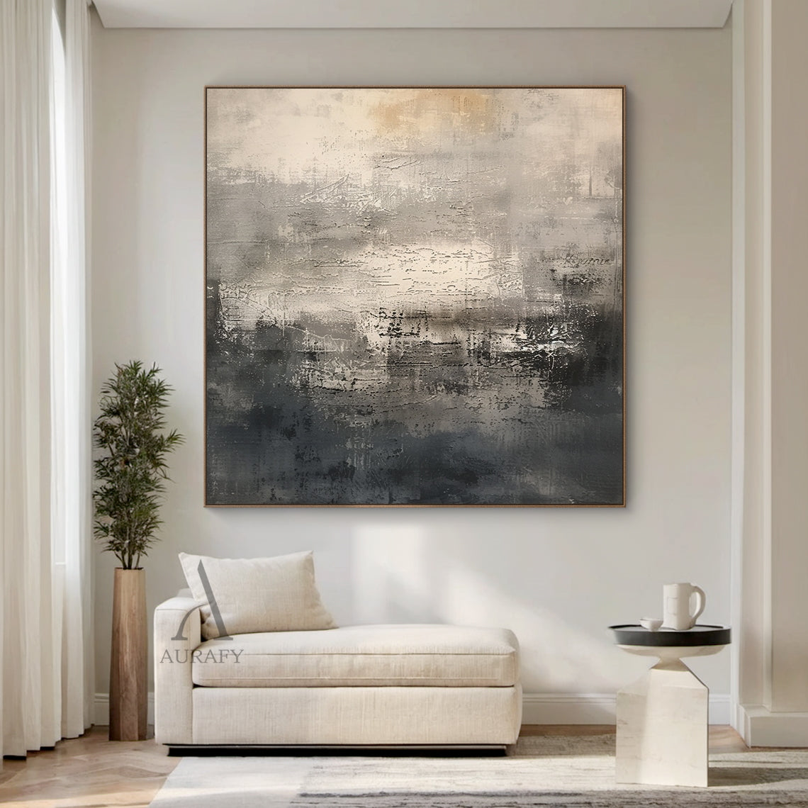 Abstract Black Beige Artwork with Tactile Scratched Texture Mottled Patches Worn Finish Minimalist Luxe AURA639