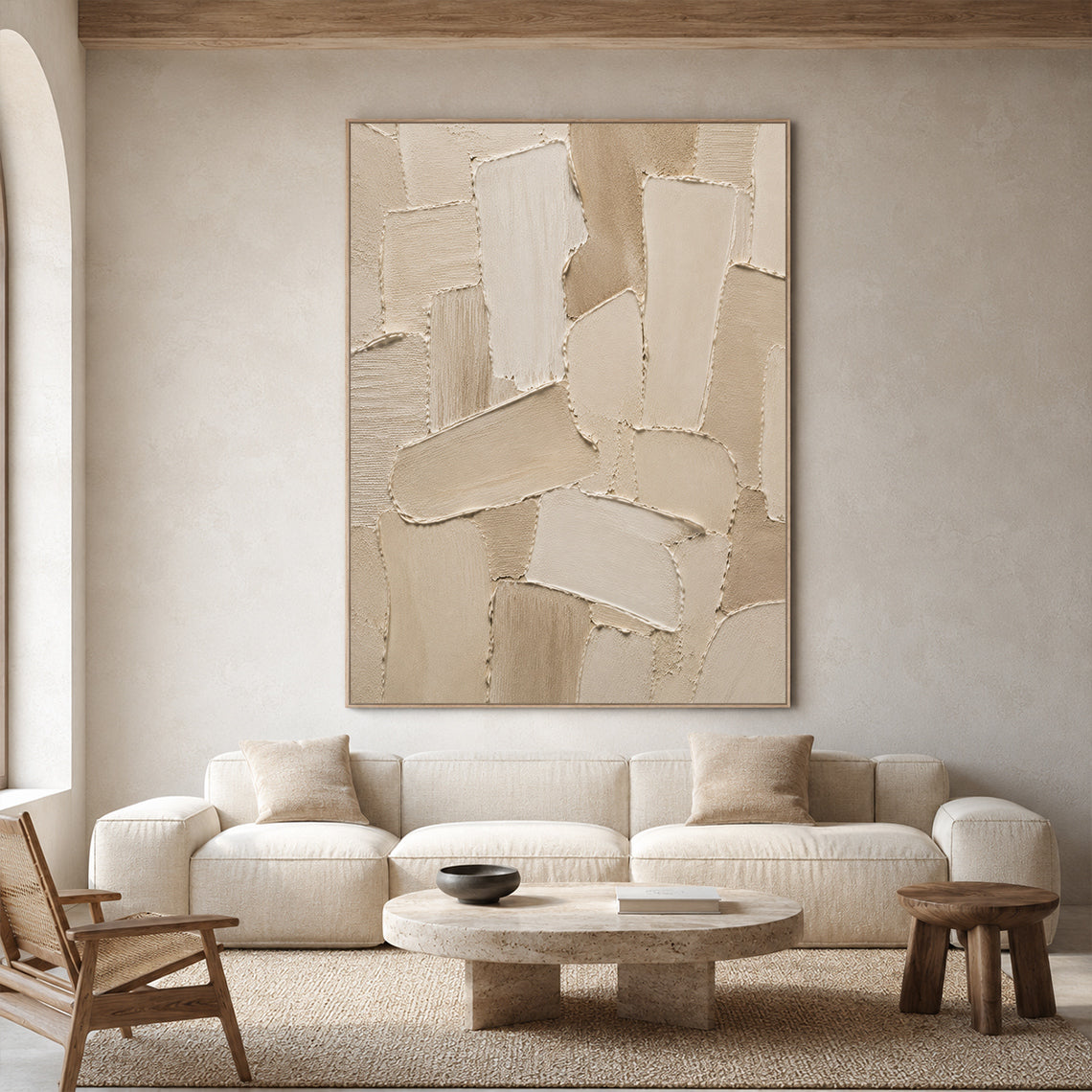 Beige 3D Palette Knife Stroke Plaster Sculpted Canvas Minimalist Japandi Neutral Wall Art AURA755