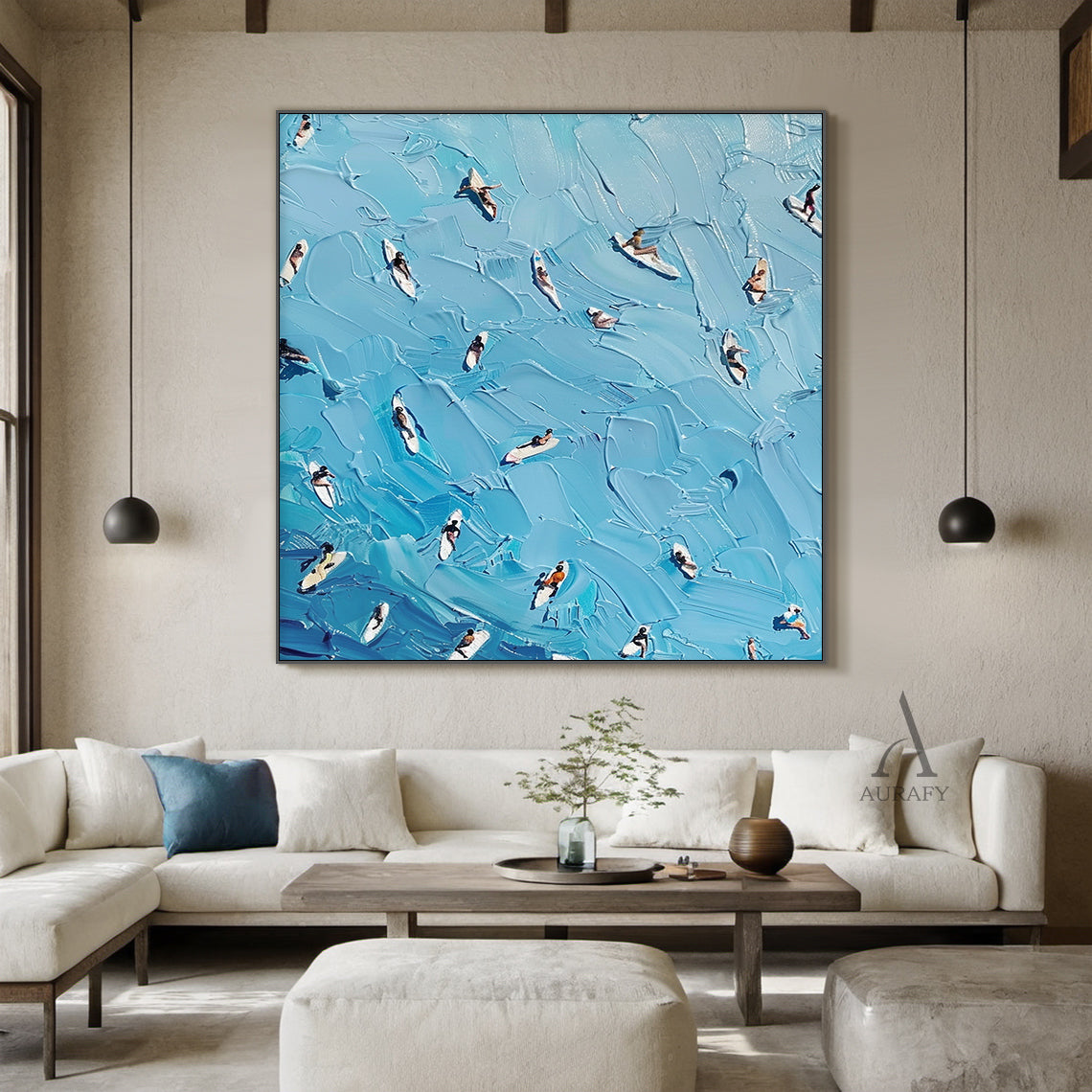 Blue Sea Surfing Art Impasto Texture Dynamic Surfer Scene Knife Strokes Vibrant Blue Tones AURA417