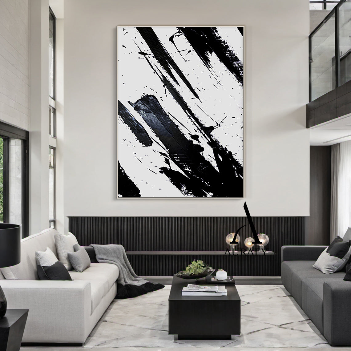 Minimalist Wall Art Black White Abstract Brushstroke Ink Splatter Dynamic Tactile Art AURA551