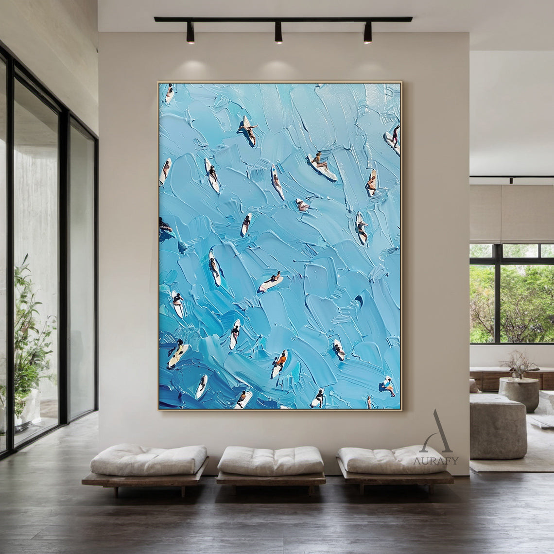 Blue Sea Surfing Art Impasto Texture Dynamic Surfer Scene Knife Strokes Vibrant Blue Tones AURA417