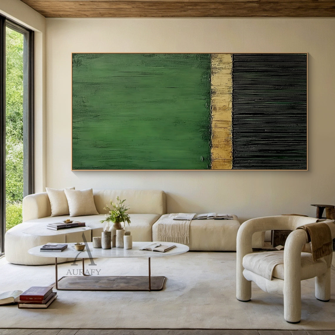 Minimalist Wall Art Green Black Textured Brush Strokes Distressed Gold Vertical Stripes Luxe Piece AURA437