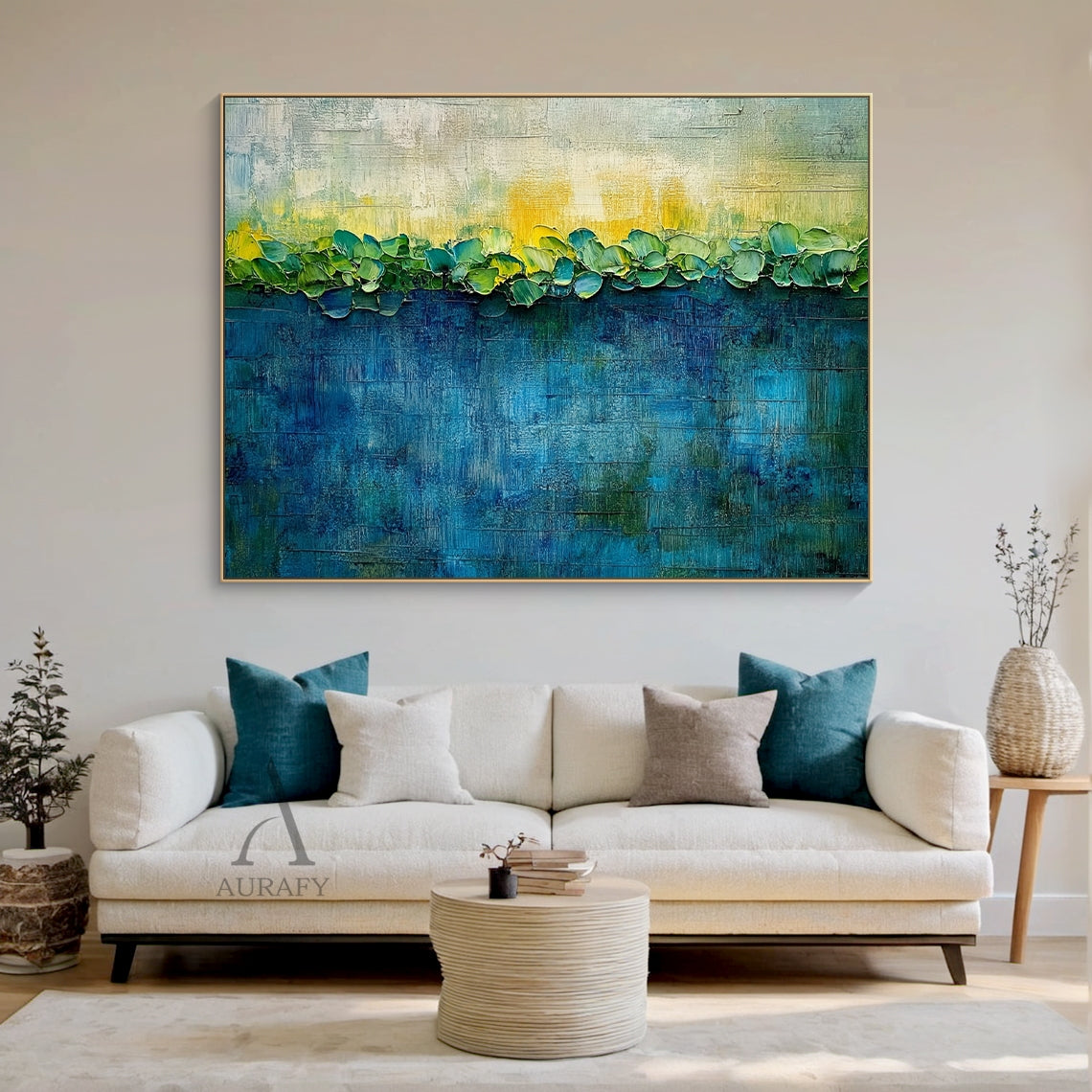 3D Textured Blue Green Impasto Art Sculpted Plant Forms Tactile Canvas Knife Strokes AURA436
