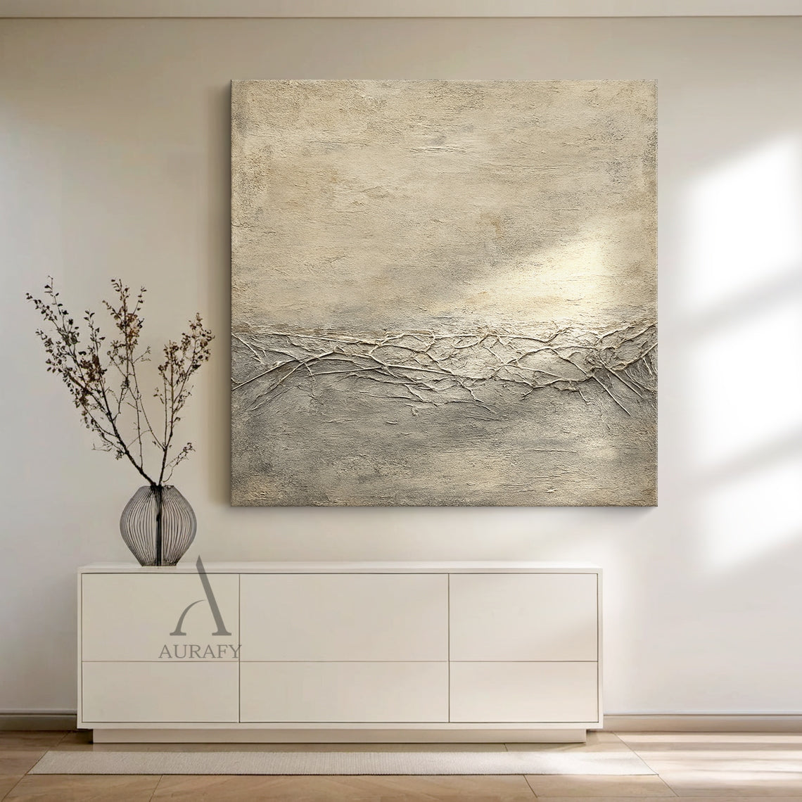 General Abstract Beige Wabi-Sabi Vintage Art with Cracked Distressed Plaster-like Tactile Texture AURA426