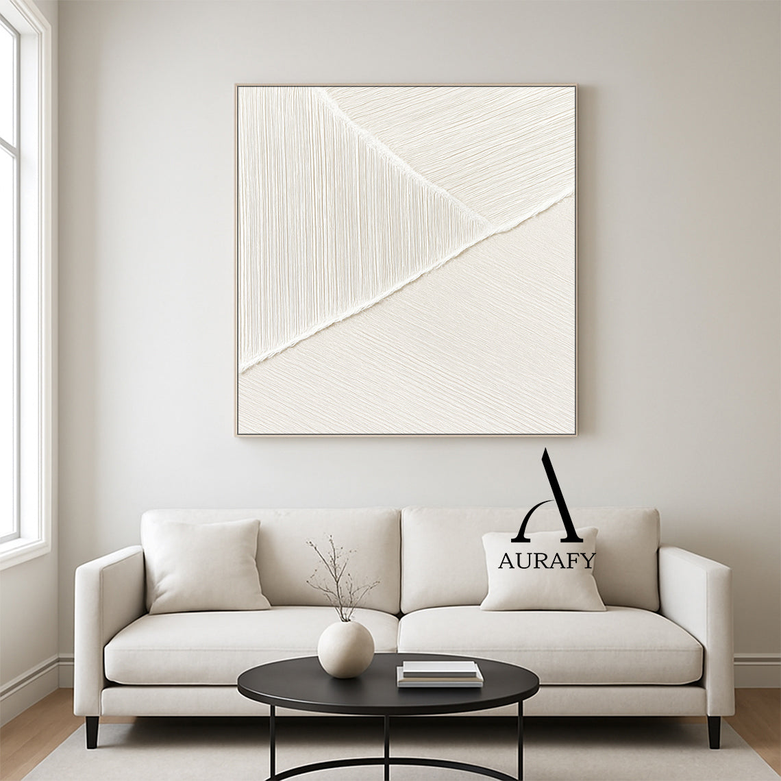 Minimalist Wall Art Beige White Tactile Vertical Texture Geometric Split Fabric Wall Decor AURA547