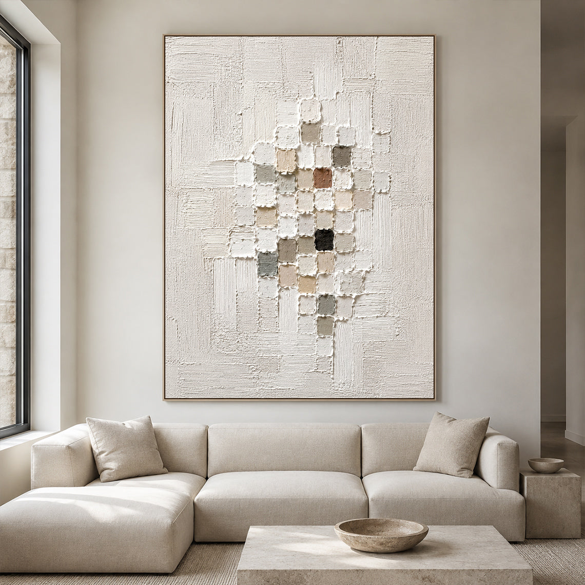 3D Textured White Plaster Painting Wabi-Sabi Japandi High Relief Mosaic Tactile Minimalist Luxe Wall Art AURA768