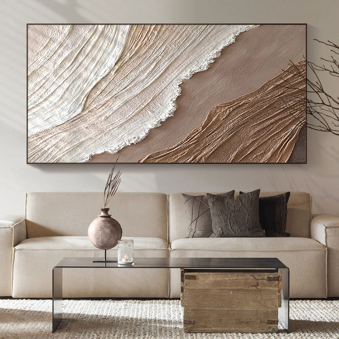 Minimalist Grid Texture Wall Art – Warm Beige Tones – AURA060 (Horizontal)