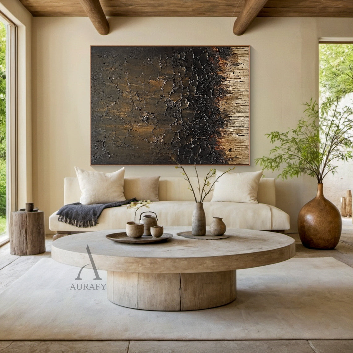 Brown Abstract Painting with Cracked Layers and Trailing Marks - AURA848