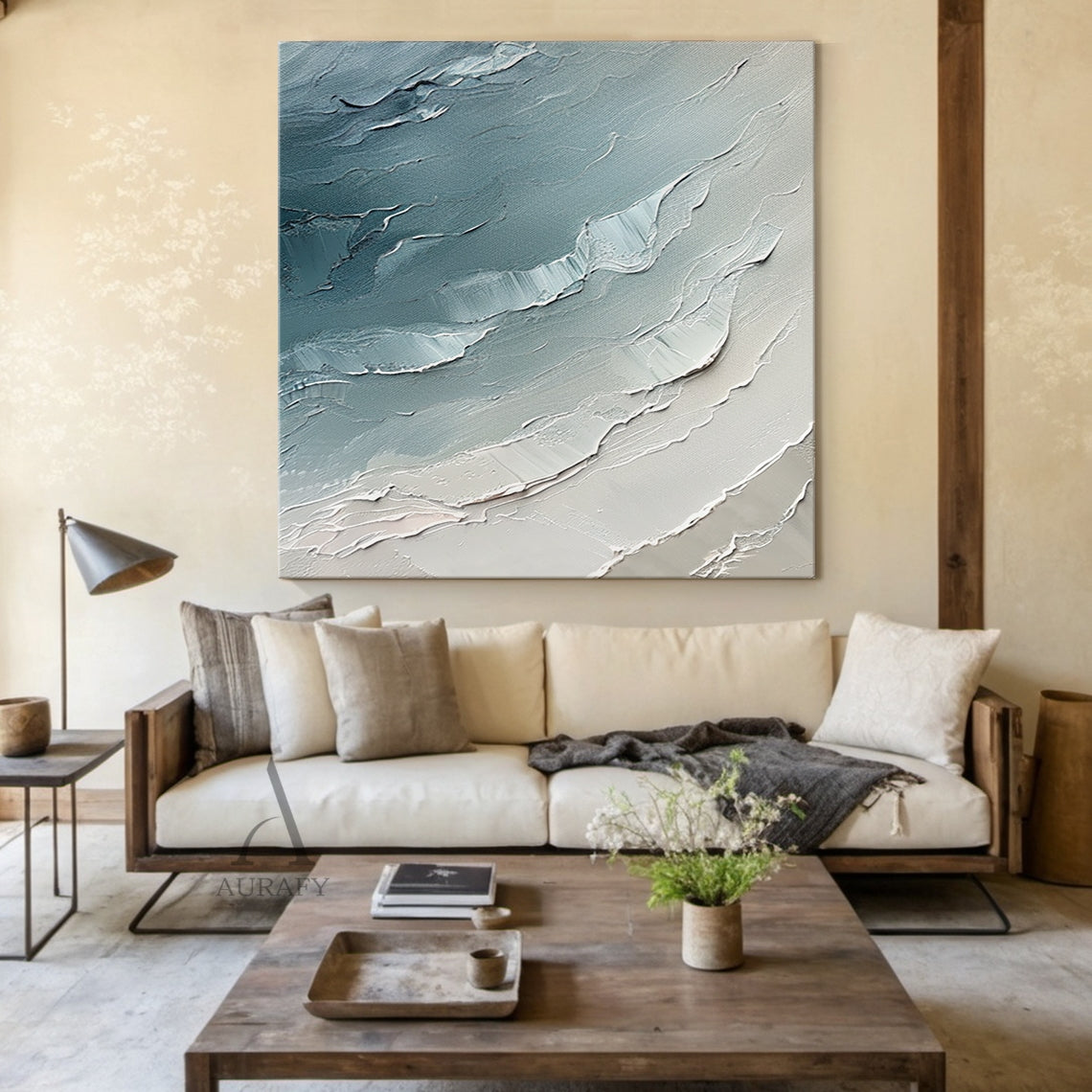Abstract Ocean Blue Impasto Art with Tactile Sculpted Surface Knife Strokes Abstract Expressionist AURA463